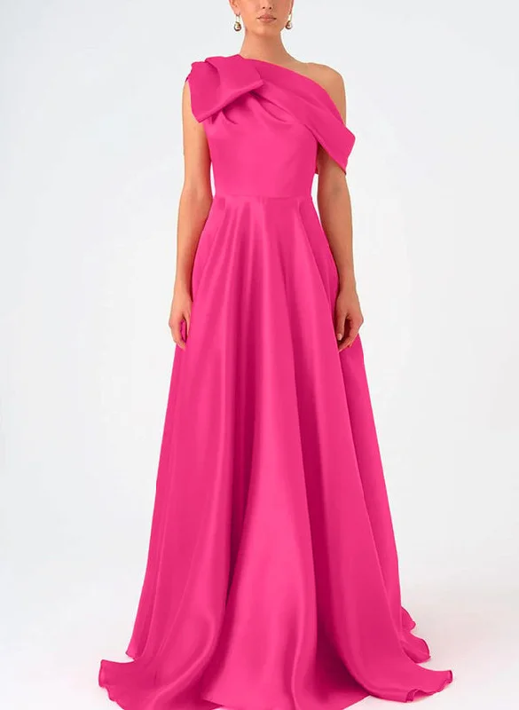 A-Line One-Shoulder Floor Length  Sleeveless Mother Of The Bride Dresses Prom Dress  Satin  With Bow(s) Tunics Fleece cozy