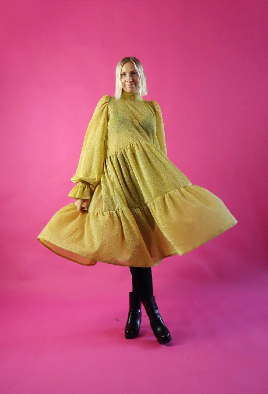 Dishy Dress With Bow Collar Glitter Yellow Gold Tunics Evening elegant