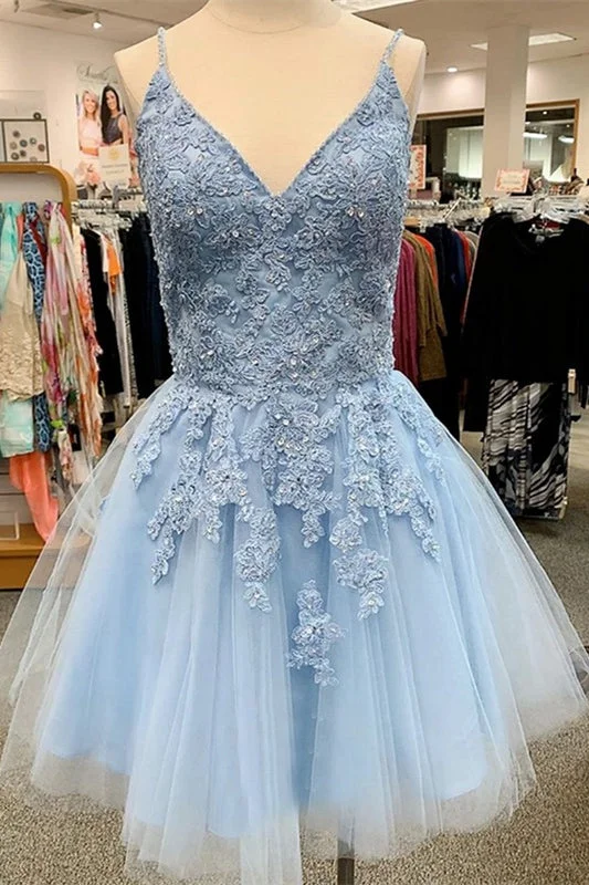 A-Line Sky Blue Tulle Applique Short Sleeveless Homecoming Dresses Tunics Mesh breathable