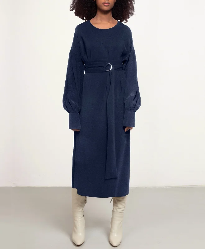 Midi Sunday Dress Navy Blue Turtleneck Warm Winter