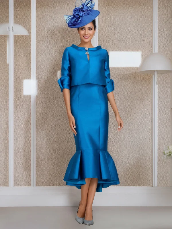 Mermaid/Trumpet Jewel Neck Half Sleeves Tea-Length Mother of the Bride Dresses with Buttons Square Neckline Feminine