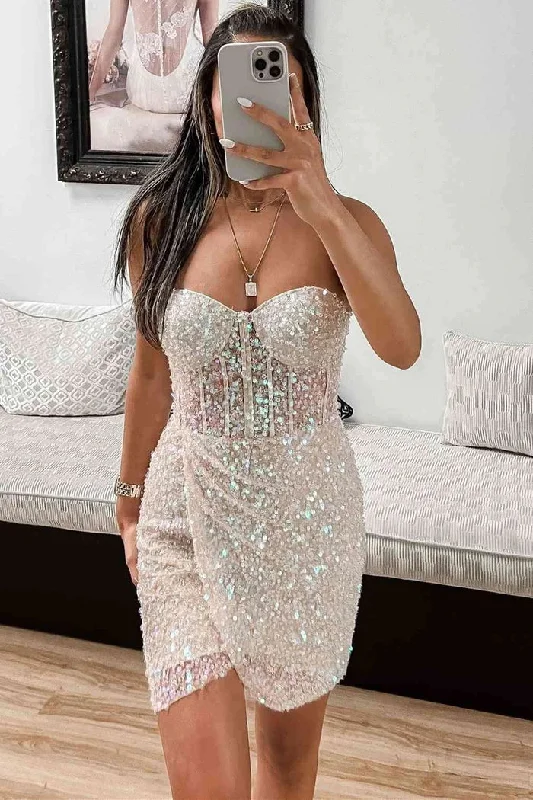 Sexy Column Sweetheart Sleeveless Sequined Tulle Homecoming Dresses Tunics Office stylish