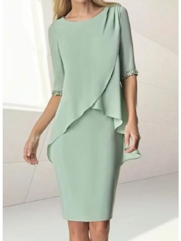 Sheath/Column Jewel Neck Knee-Length Half Sleeve Mother of the Bride Dresses with Beading Ruching Tunics Trendy modern Sheath/Column Jewel Neck Knee-Length Half Sleeve Mother of the Bride Dresses with Beading Ruching Tunics Trendy modern