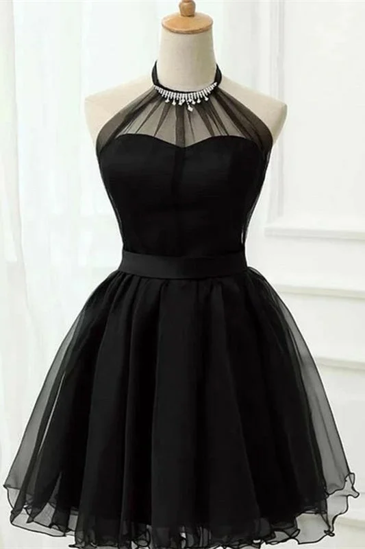 Black A-Line Tulle Halter Sleeveless Short Prom Dresses Tunics Fashionable trendy
