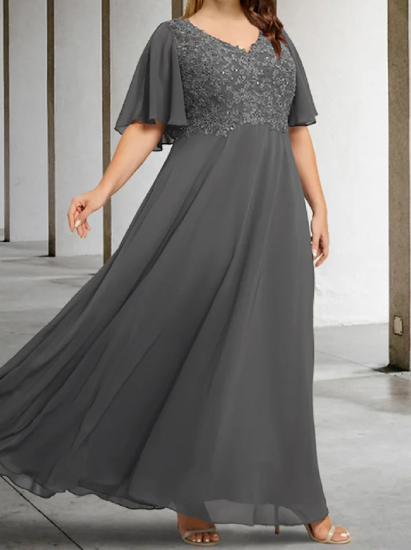 A-Line/Princess V-Neck Half Sleeves Floor-Length Mother of the Bride Dresses with Applique Tunics Travel practical