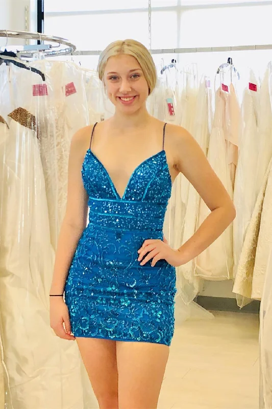 Beautiful Blue V-neck Spaghetti Straps Sleeveless Short Homecoming Dresses With Lace Off-the-shoulder Chic Trendy