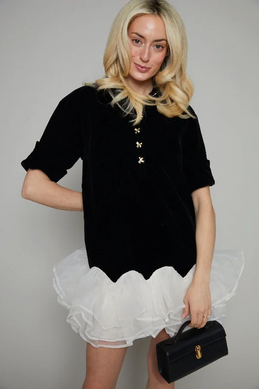 Nadia Velvet Flounce Hem Dress Off-the-shoulder Chic Trendy