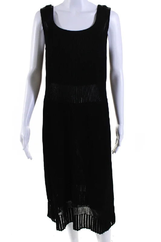 Escada Womens Ribbed Knit Sheer Sleeveless Midi Sheath Dress Black Tunics Designer luxury