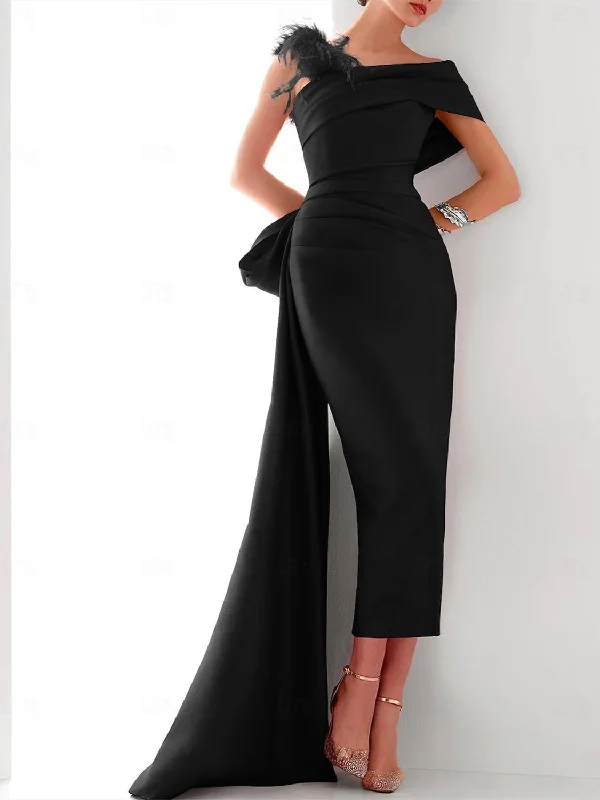 Sheath/Column  One Shoulder Sleeveless Sweep/Brush Train Evening Gown Elegant Dress Formal Satin with Feather Bow(s) Tunics Denim casual
