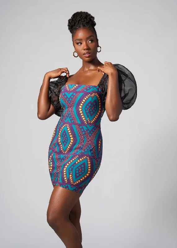 Nayana African Print Stretch Organza Sleeves  Dress (Emerald Retro Diamonds) Floral Print girly