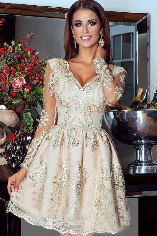 Short Gold V-Neck Long Sleeves Homecoming Dress With Lace Appliques Tunics Stylish modern Short Gold V-Neck Long Sleeves Homecoming Dress With Lace Appliques Tunics Stylish modern
