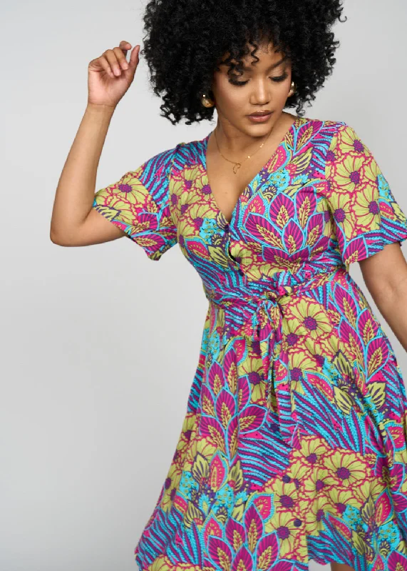 Ifaya Women's African Print Dress (Aqua Flowers) - Clearance Tunics Chic fashionable