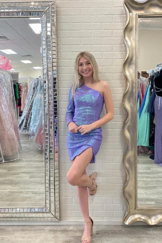 Beautiful One Shoulder Long sleeve Sequined Homecoming Dress Off-the-shoulder Chic Trendy