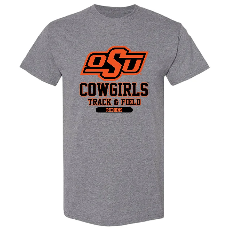 Oklahoma State - NCAA Women's Track & Field : Emma Robbins - Classic Fashion Shersey T-Shirt-- Asymmetrical Pockets Print
