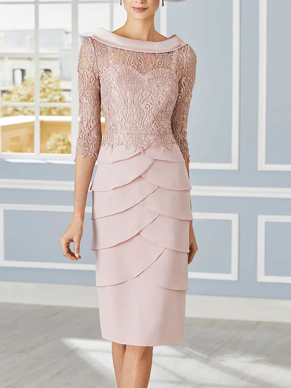 Sheath/Column Scoop Neck 3/4 Sleeves Knee-Length Mother of the Bride Dresses with Lace Tunics Solid Classic