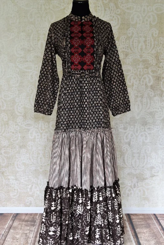 502023 Black Kalamkari Print Tiered Cotton Dress Tunics Sophisticated sleek