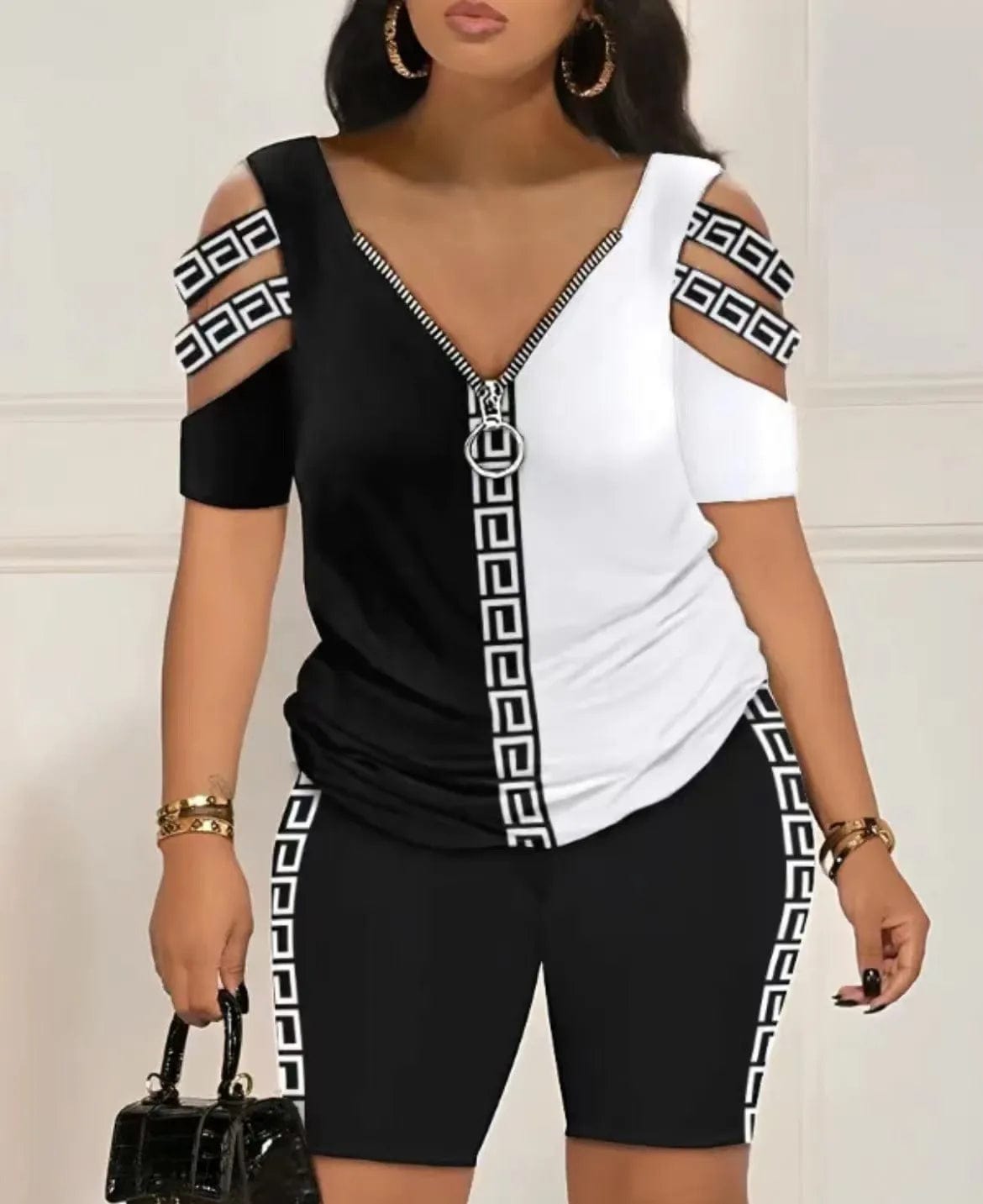 Chic Hollow Out T-Shirt Set-- Embroidered Appliqued Beaded