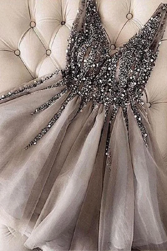 Stylish Sleeveless Sequins Beaded Short Homecoming Dress Silver Tulle Cocktail Dress Tunics Business professional