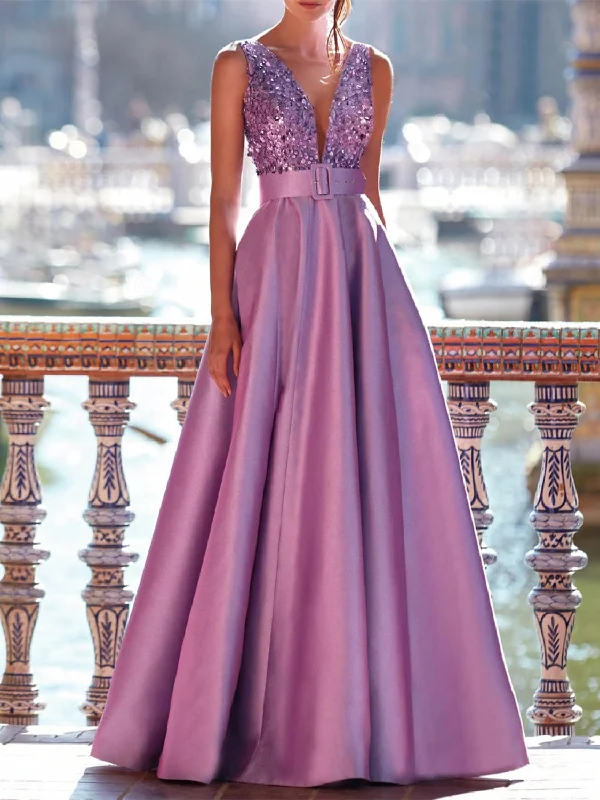 A-Line Floor Length Sleeveless V Neck Prom Dress Pocket Satin with Pearls Tunics Satin smooth