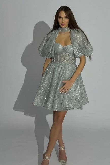 Fashionable Short Silver Glitter Homecoming Dresses with Short Sleeves empire Waist empire