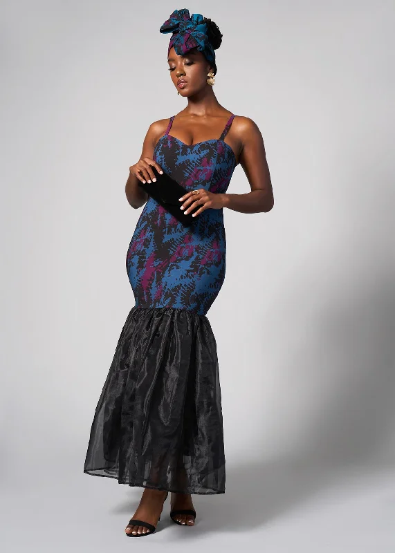 Hassia Women's African Print Stretch Dress with Tulle (Midnight Teal Abstract) Tunics Sophisticated sleek
