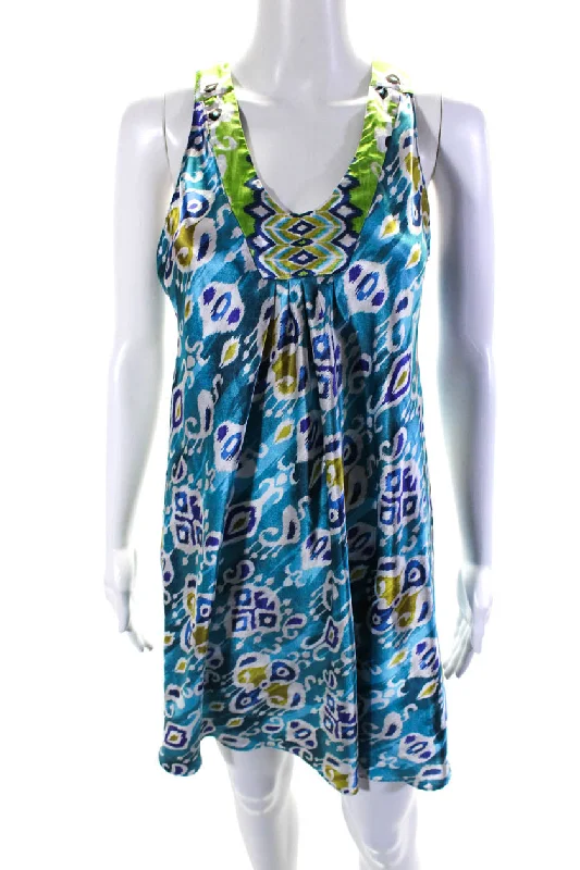 Oscar de la Renta Womens Silk Ikat Paisley Print Dress Blue Tunics Fall fleece