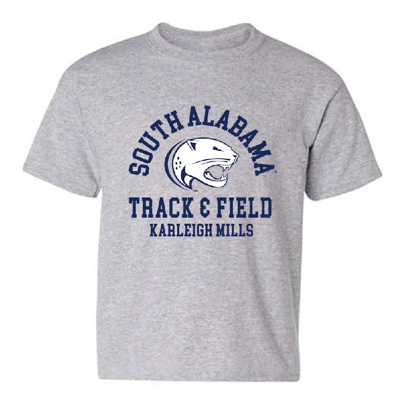 South Alabama - NCAA Women's Track & Field : Karleigh Mills - Classic Fashion Shersey Youth T-Shirt-- Satin Fabric Silk Fabric Chiffon Fabric