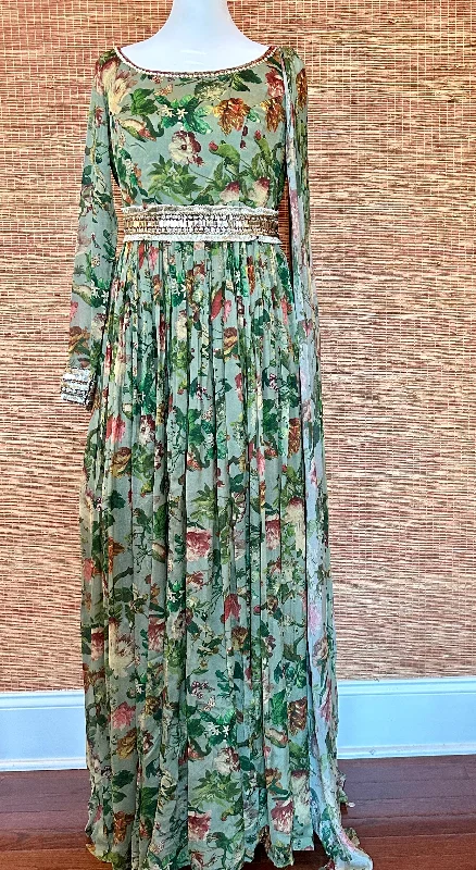 52A061 Light Green Floral Georgette Dress With Belt Tunics Versatile stylish