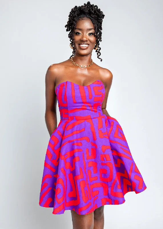Jioni Women's African Print Corset Dress (Purple Red Geometric) Tunic Top Casual