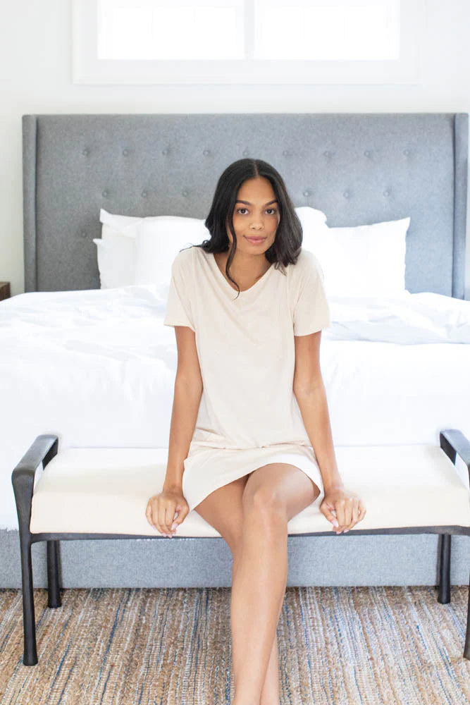 The Pima T-Shirt Dress (Caramel Brown)-- Hooded Caped Shawl Collar