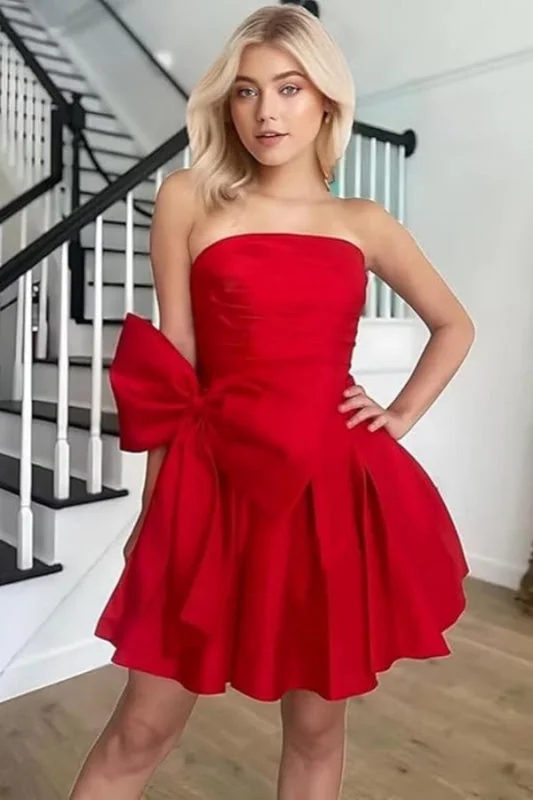 Stylish Sleeveless Ruched Short Homecoming Dresses Simple Mini Party Wear Dress with Bow Tunic Top Casual
