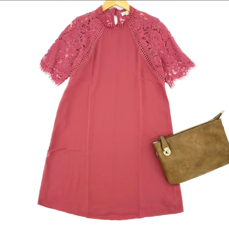 Mock Neck Crochet Detail Dress Tunics Cozy comfortable