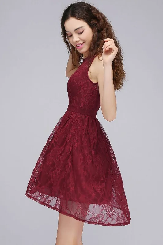 A-Line Round Neck Short Lace Burgundy Homecoming Dresses Tunics Custom made