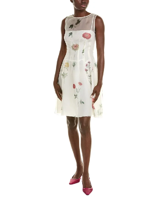 Oscar de la Renta Botanical Organza Silk A-Line Dress Elegant Long Evening