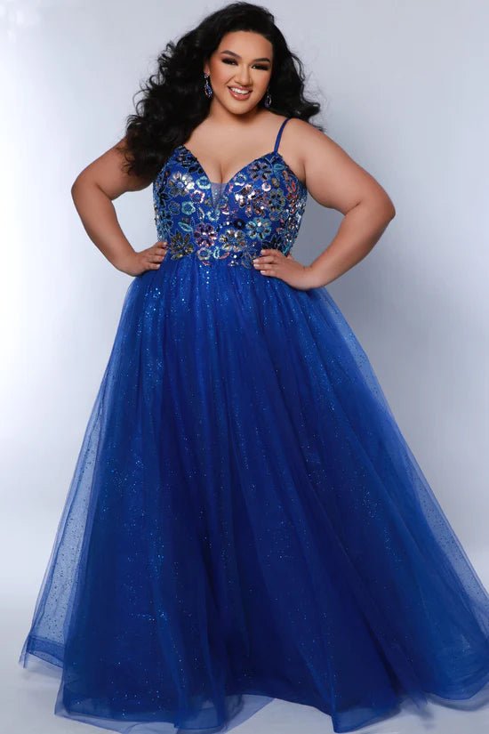 Plus Size Blue Floral Embellished Sparkle Formal Dress Tunics Mesh breathable