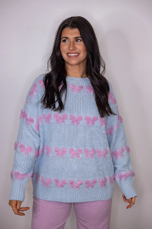 Bow Tie Babe Blue Sweater High Neck Crew Neck V-Neck