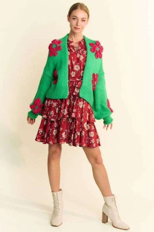 Blue Zone Planet |  Davi & Dani Floral Applique Open Front Drop Shoulder Cardigan Elasticated Padded Insulated