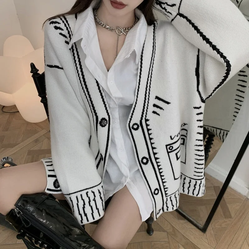 Retro Loose Graffiti Cardigan Knitted Jacket Long V Neck Autumn Winter Knitted Sweaters Tops Solid Casual Pull White Black Coats Boat Neck Shawl Collar Notched Collar