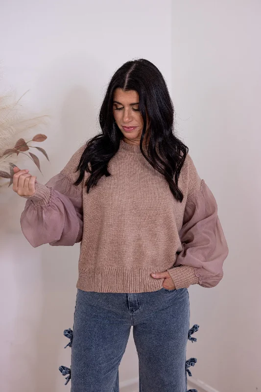 Sheer Elegance Mauve Knit Sweater Satin Blend Silk Blend Wool Blend