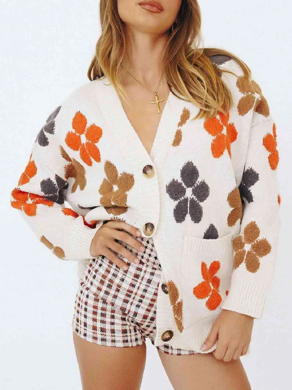 Floral V-Neck Button Up Long Sleeve Cardigan Asymmetrical,ymmetric Pencil Cardigan