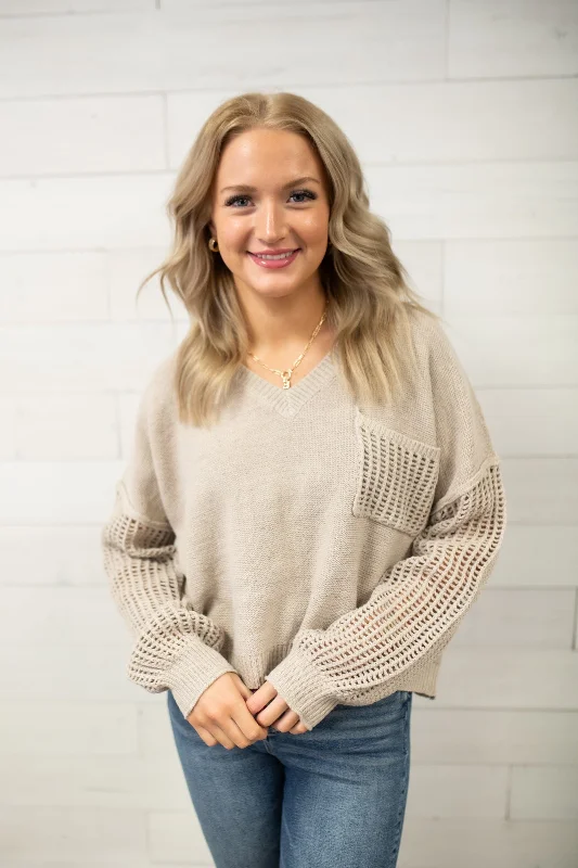ee:some Open Knit Long Sleeve Sweater-Oatmeal Nylon Fabric Polyester Fabric Spandex Fabric