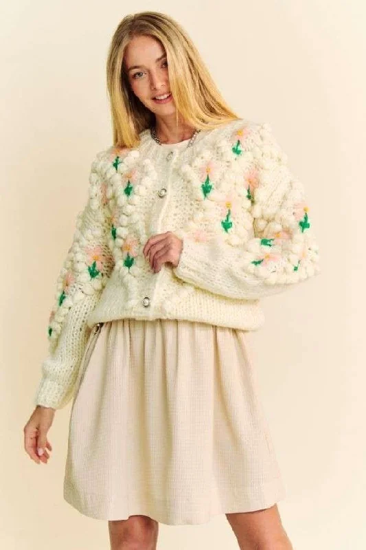 Davi & Dani Floral Pattern Button Down Cardigan Solid Print Embellished