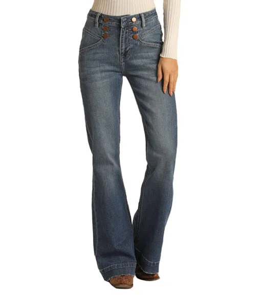 Rock and Roll Cowgirl Ladies High Rise Medium Wash Button Detail Trouser Jean W8H1665 Trousers Party Sparkling