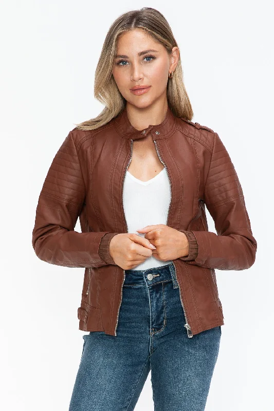 Hazel Blues® |  Snobbish PU Leather Biker Jacket with Side Zip Pockets Print Jacket Jacquard Jacket Patchwork Jacket