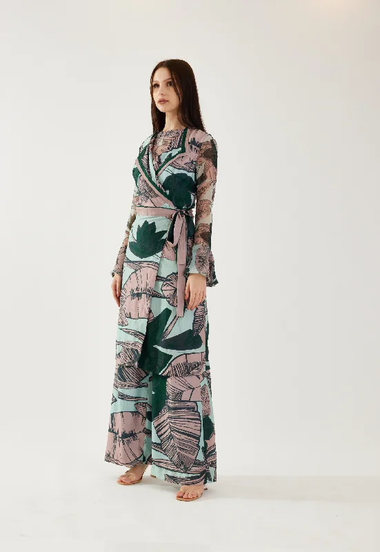 Sky blue, peach and green floral sleeveless wrap jacket Hoodie Zip-Up Jacket Button-Up Jacket