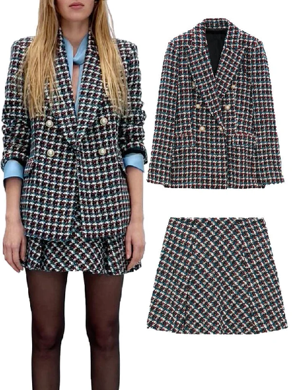 ZA winter female European and American style high-quality double-breasted all-match casual suit jacket high waist mini skirt Wool Jacket Cashmere Jacket Tweed Jacket