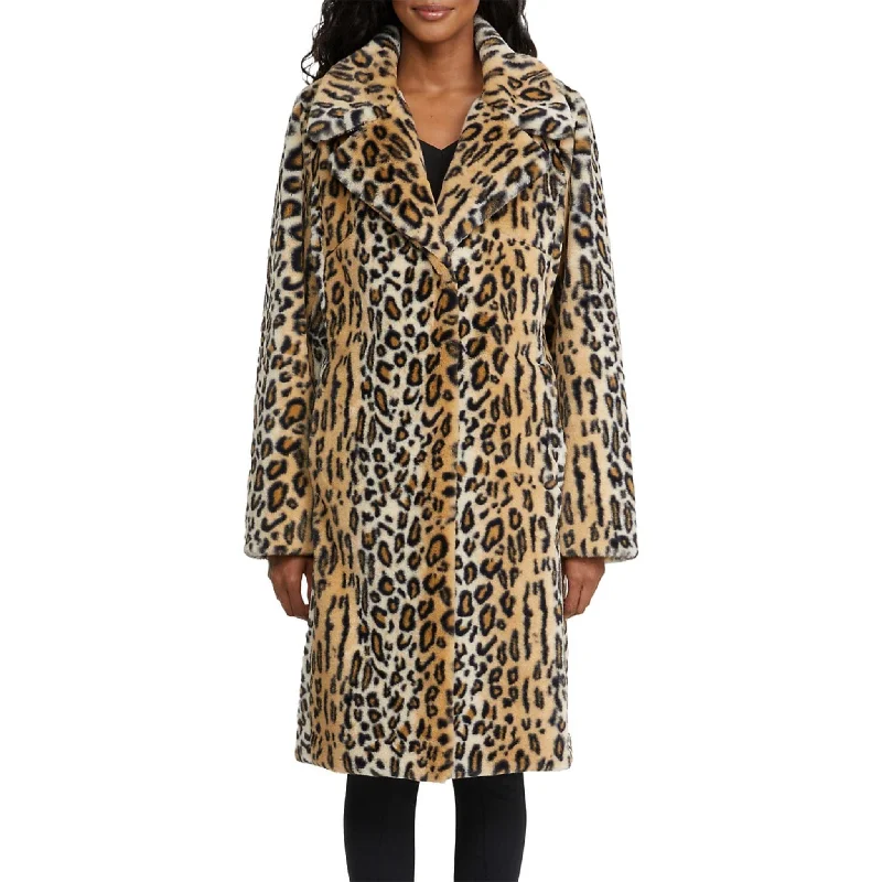 Badgley Mischka Leopard-Print Faux Fur Coat Tailored Straight A-Line