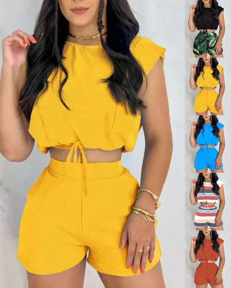 Women Two Piece Short Sets Round Neck Sleeveless Tops Lace Up Elastic Waist Shorts Trousers Suits Ladies Beach Regular Fit Trousers Office Stylish