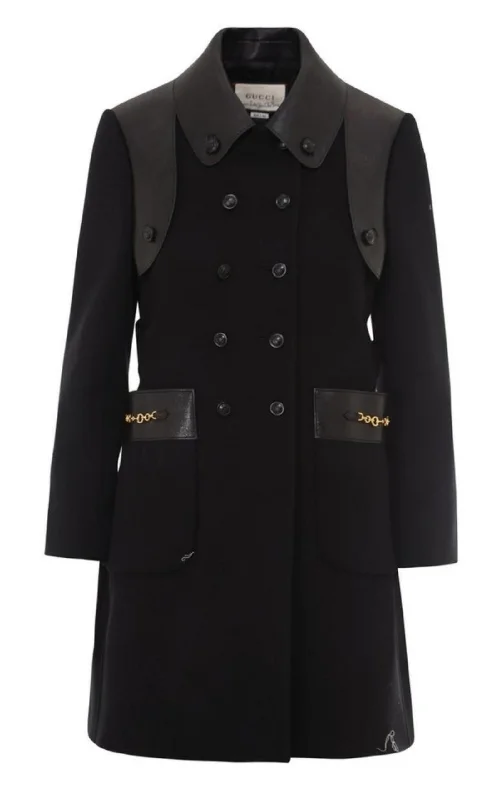 Horsebit-detail Double-breasted Wool Coat Buttoned Zippered Snapped