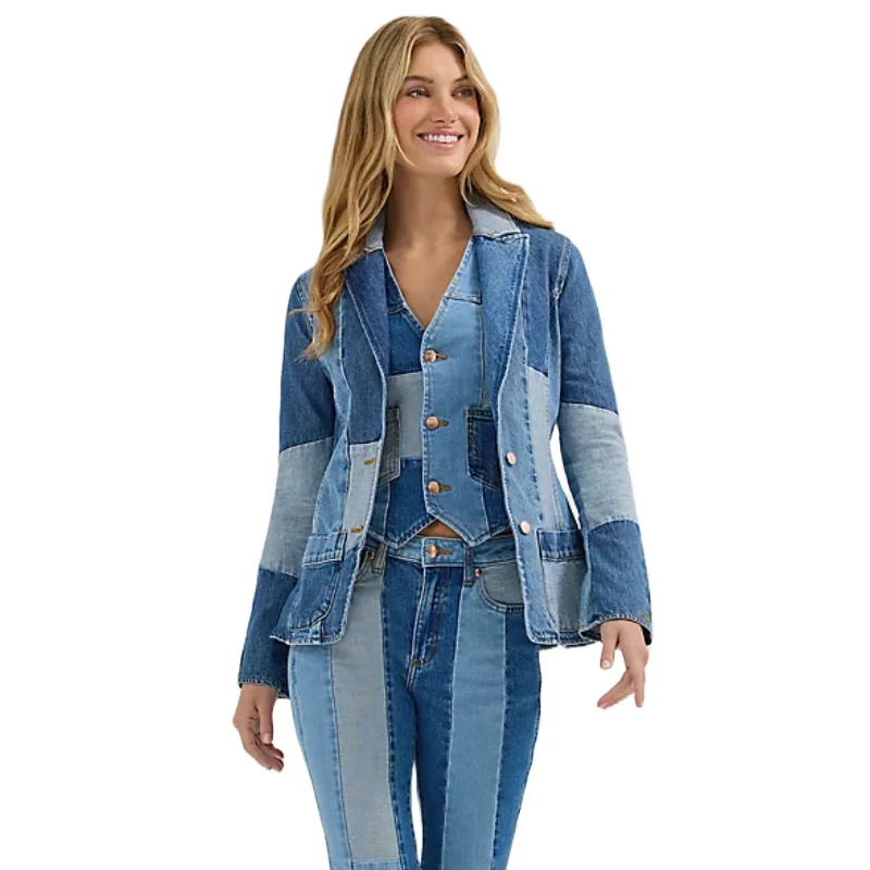 Wrangler Ladies Lainey Wilson Patchwork Blue Denim Blazer 112360673 Women's Professional Jacket